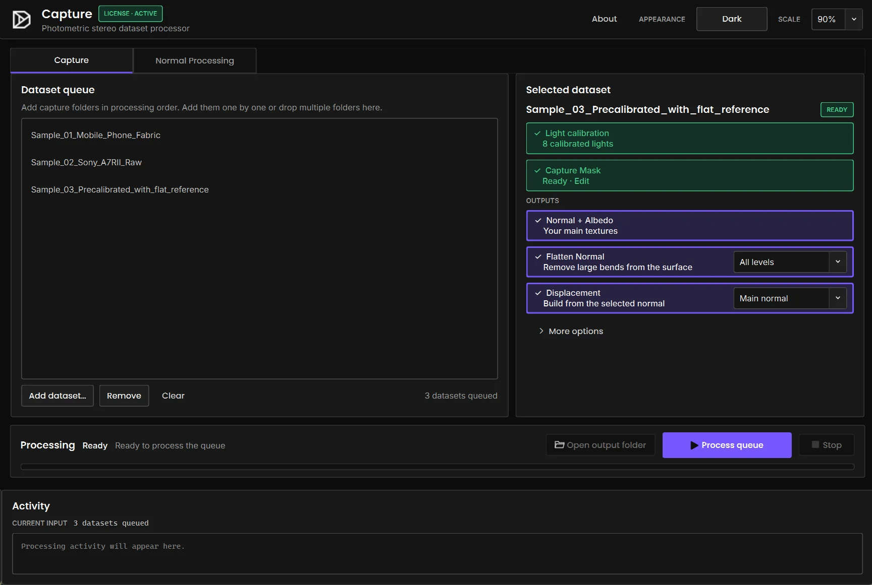 Dabarti Capture 1.0.1 interface with a three-dataset processing queue