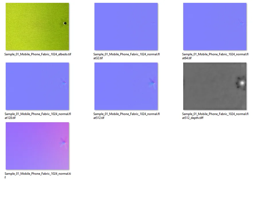 Capture batch output showing albedo, normal and depth texture maps