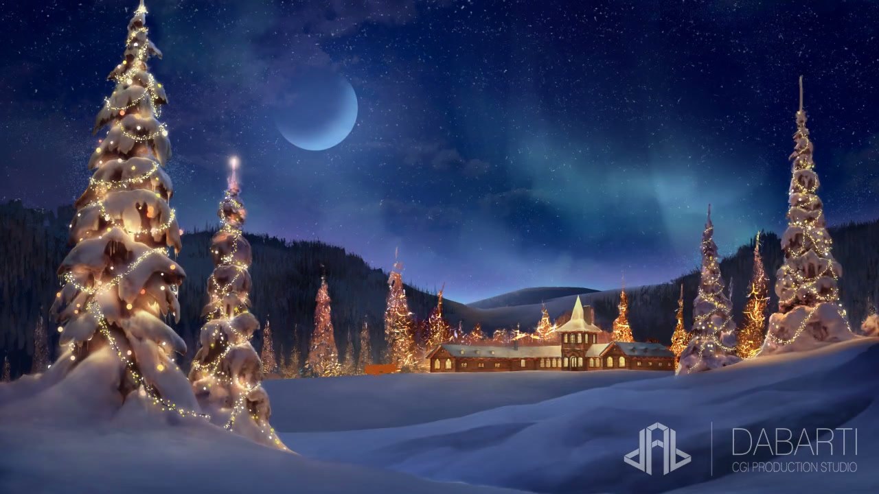 Illuminated Christmas tree and village closing scene