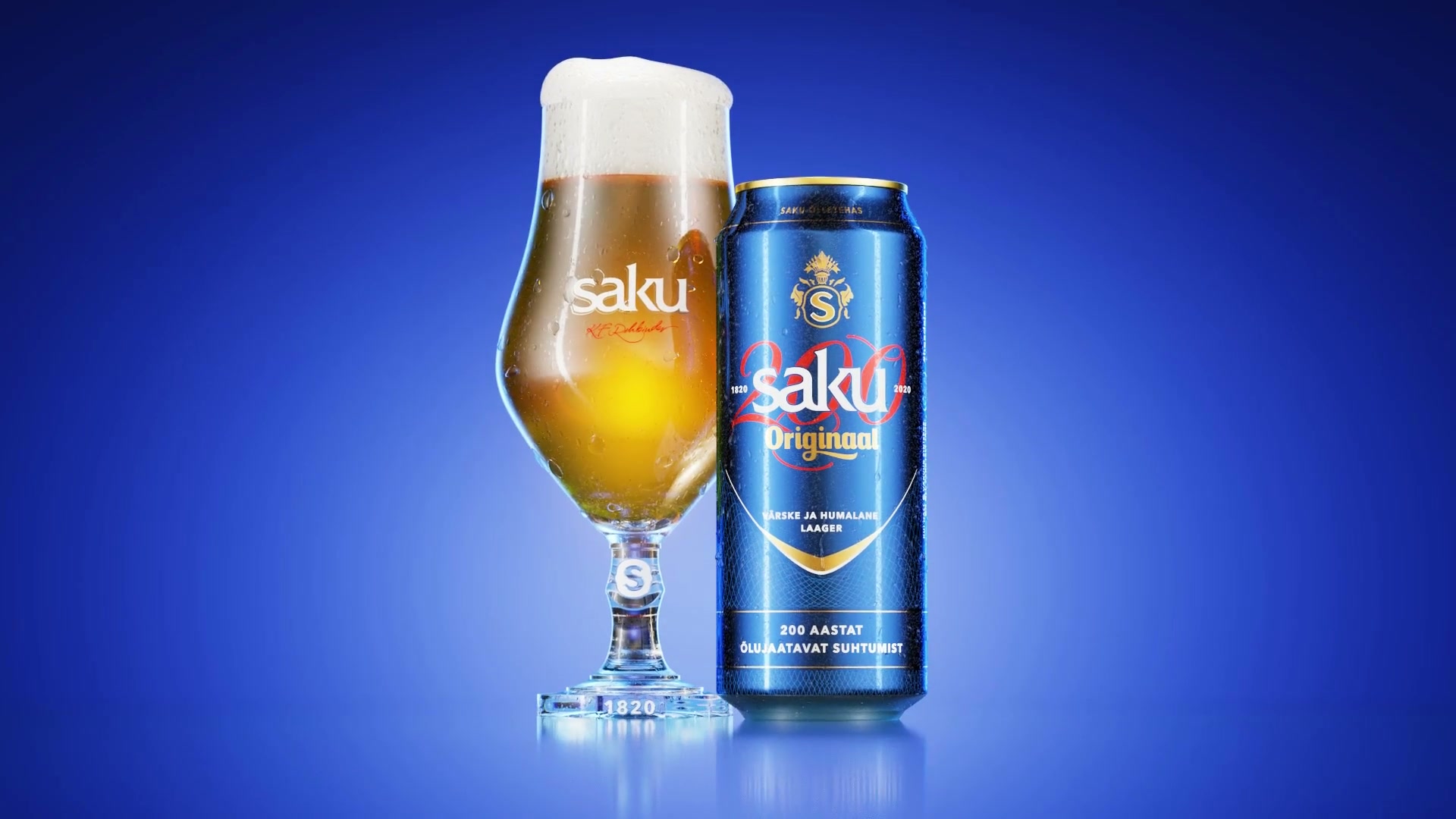 Saku Originaal bottle and beer-glass hero render