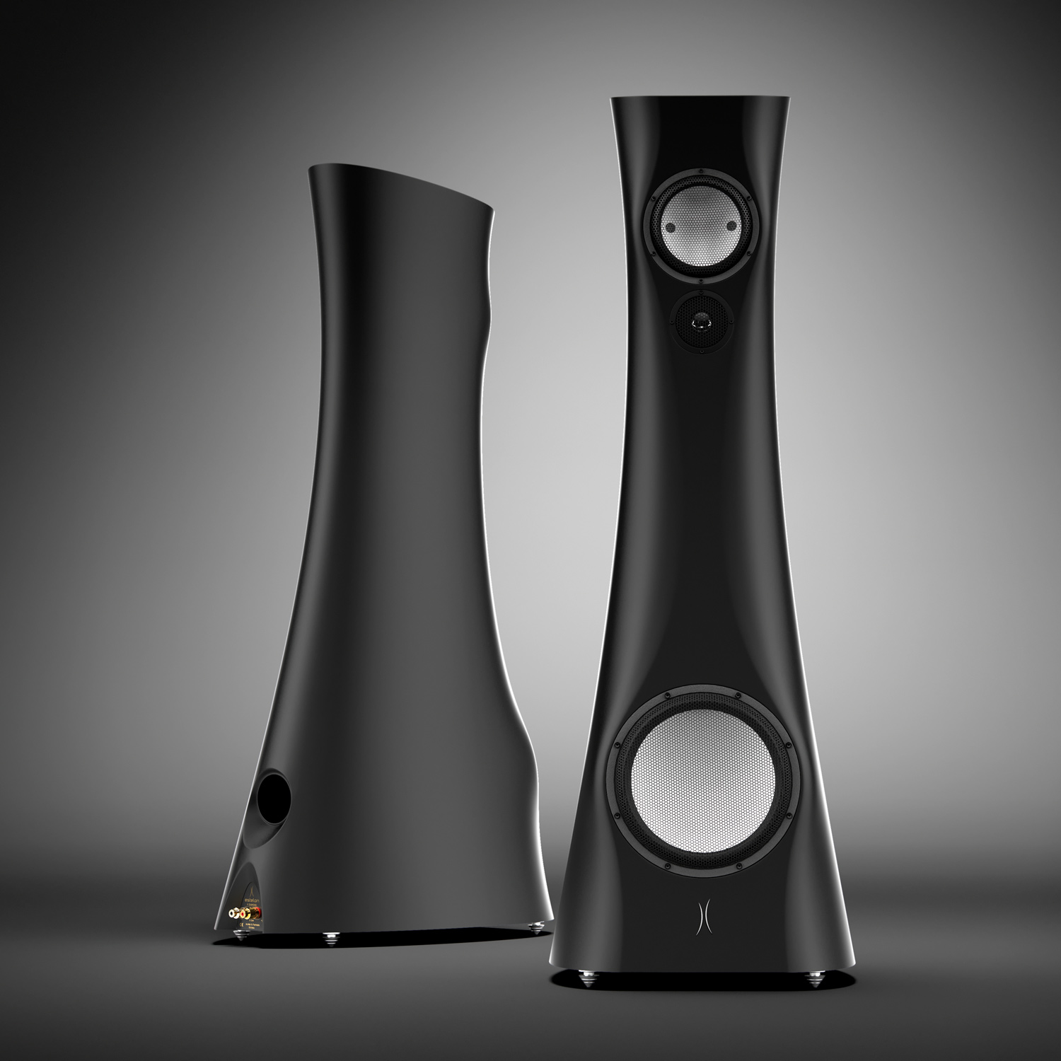 Schwarze Estelon-Lautsprecher vor grauem Hintergrund